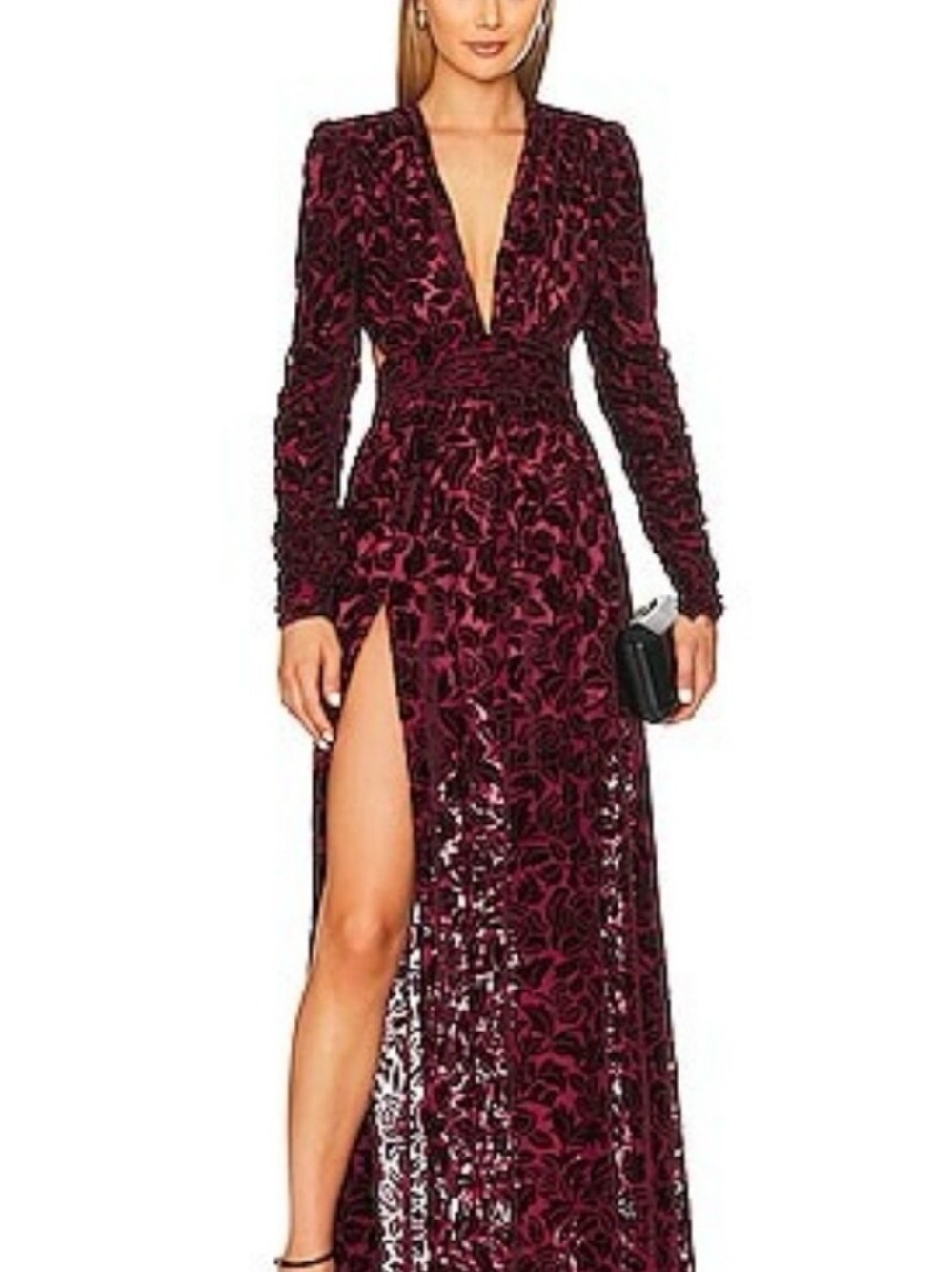 Bronx and Banco Burgundy Velvet Floral Long-Sleeve Evening Gown